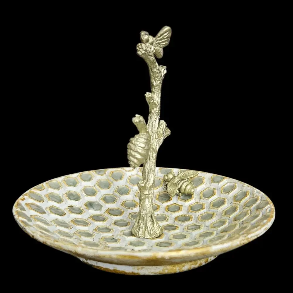 Vintage Bee Honeycomb Ring Dish Jewelry Holder Branch Tree Metal Trinket Tray